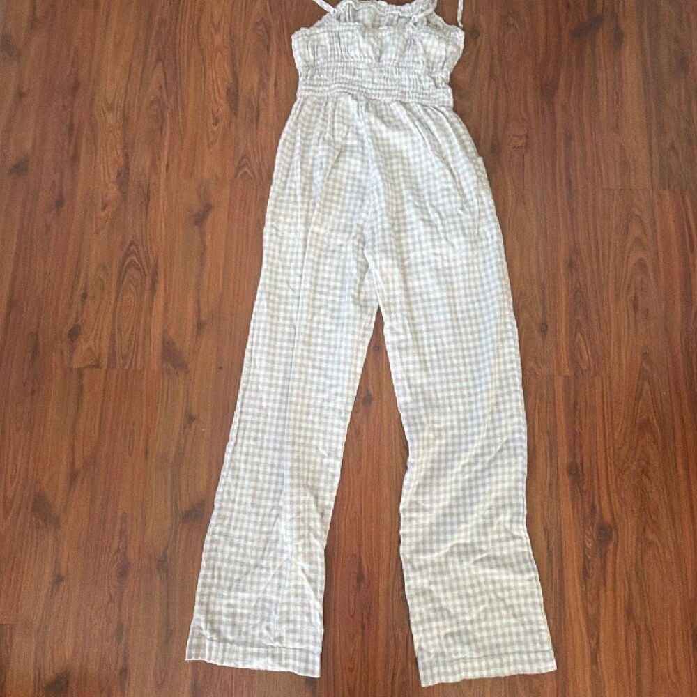 Sincerely Jules gingham 100% cotton tan white pants jumper jumpsuit spaghetti st - Picture 5 of 5